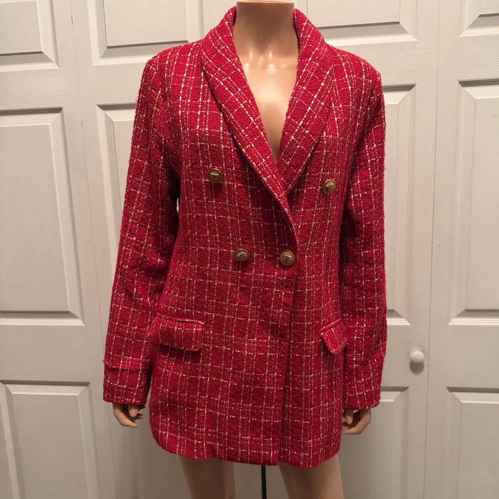 Red Tweed Plaid Double-Breasted Blazer Women’s Size L Old Money - Picture 15 of 16